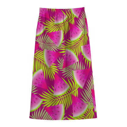 Purple Tropical Watermelon Pattern Print Cotton Front Slit Maxi Skirt
