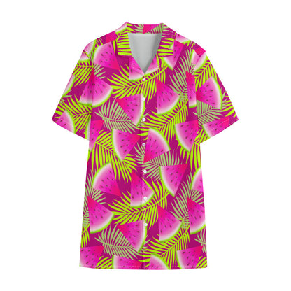 Purple Tropical Watermelon Pattern Print Cotton Hawaiian Shirt