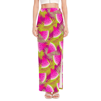 Purple Tropical Watermelon Pattern Print High Slit Maxi Skirt