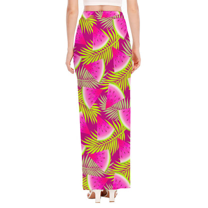 Purple Tropical Watermelon Pattern Print High Slit Maxi Skirt