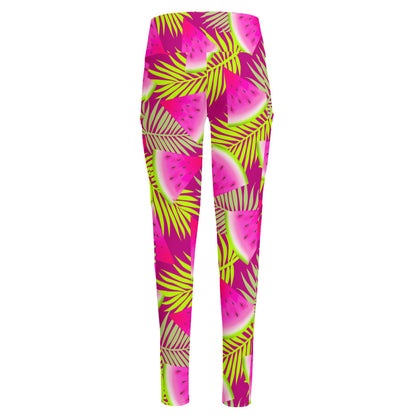 Purple Tropical Watermelon Pattern Print High-Waisted Pocket Leggings
