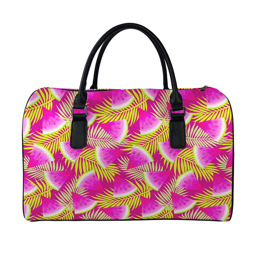 Purple Tropical Watermelon Pattern Print Leather Duffle Bag