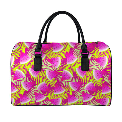 Purple Tropical Watermelon Pattern Print Leather Duffle Bag