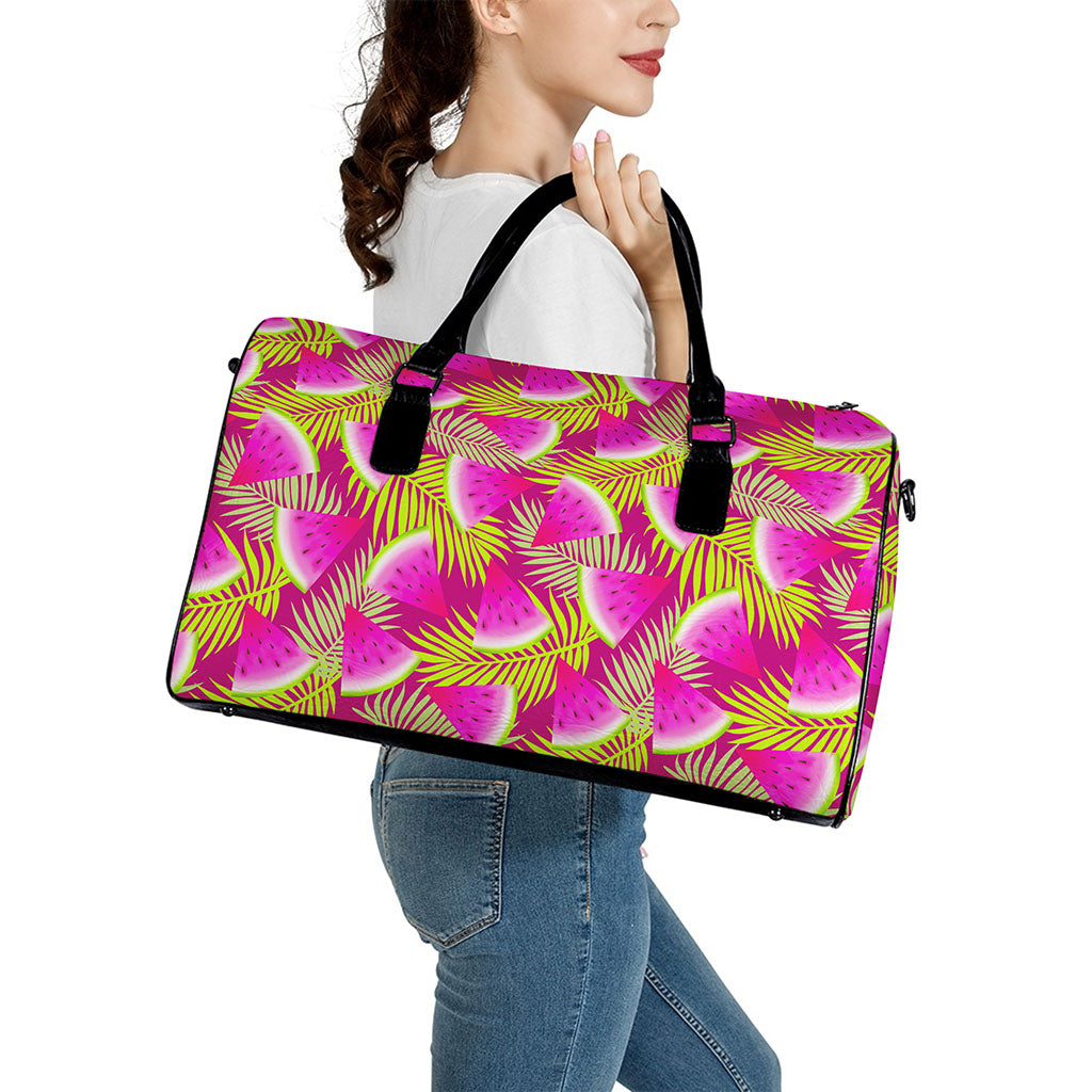 Purple Tropical Watermelon Pattern Print Leather Duffle Bag