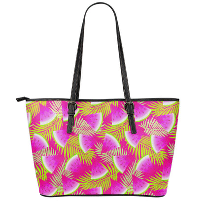 Purple Tropical Watermelon Pattern Print Leather Tote Bag