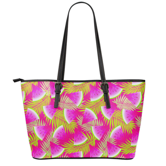 Purple Tropical Watermelon Pattern Print Leather Tote Bag