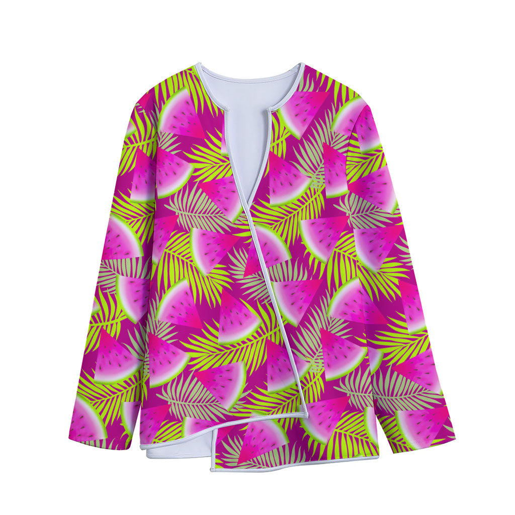 Purple Tropical Watermelon Pattern Print Long Sleeve Short Coat