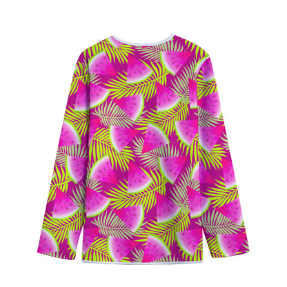 Purple Tropical Watermelon Pattern Print Long Sleeve Short Coat