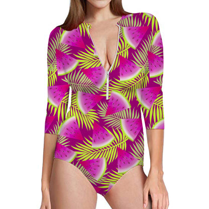 Purple Tropical Watermelon Pattern Print Long Sleeve Swimsuit