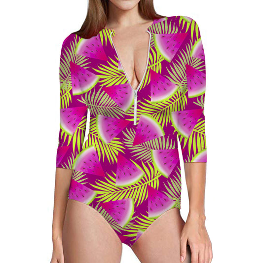 Purple Tropical Watermelon Pattern Print Long Sleeve Swimsuit