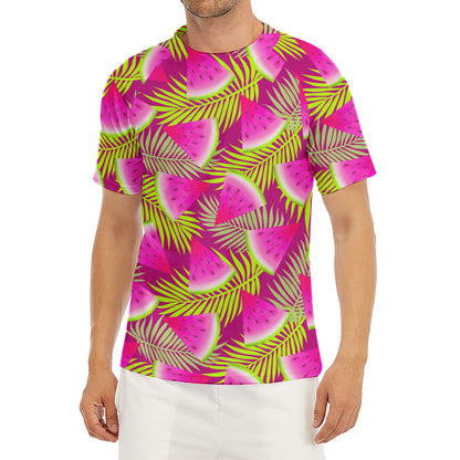 Purple Tropical Watermelon Pattern Print Men's Short Sleeve Rash Guard