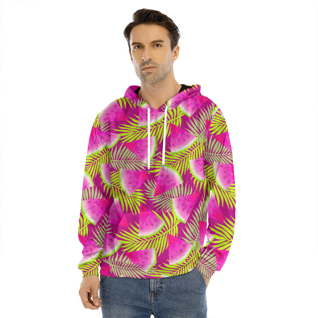 Purple Tropical Watermelon Pattern Print Men's Velvet Pullover Hoodie