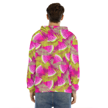 Purple Tropical Watermelon Pattern Print Men's Velvet Pullover Hoodie