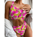 Purple Tropical Watermelon Pattern Print One Shoulder Bikini Set