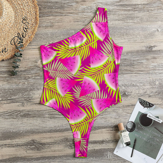 Purple Tropical Watermelon Pattern Print One Shoulder Bodysuit