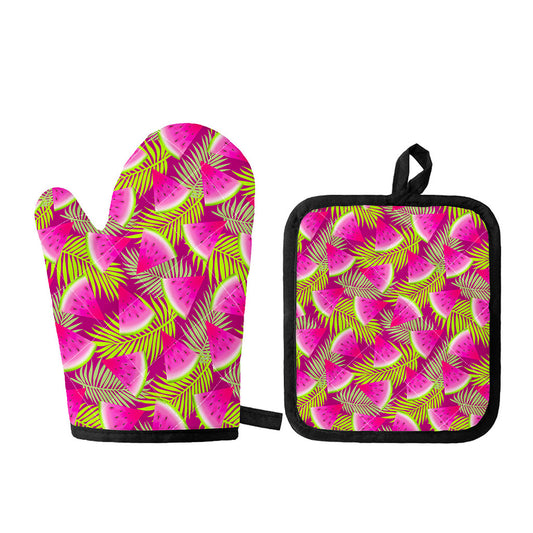 Purple Tropical Watermelon Pattern Print Oven Mitt And Pot Holder Set