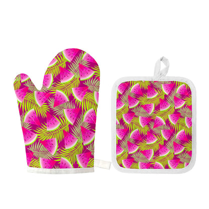 Purple Tropical Watermelon Pattern Print Oven Mitt And Pot Holder Set