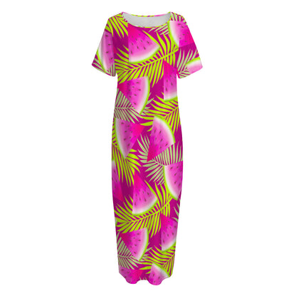 Purple Tropical Watermelon Pattern Print Short Sleeve Long Nightdress