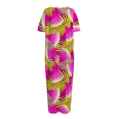 Purple Tropical Watermelon Pattern Print Short Sleeve Long Nightdress