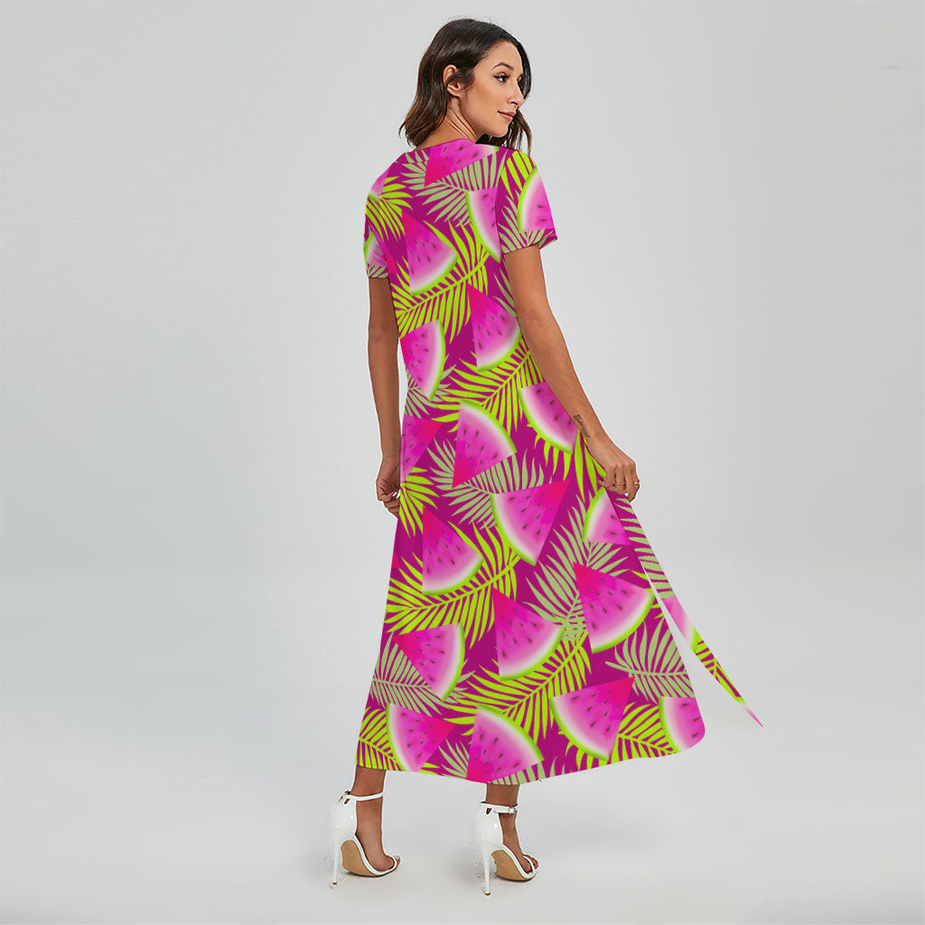 Purple Tropical Watermelon Pattern Print Short Sleeve Maxi Dress
