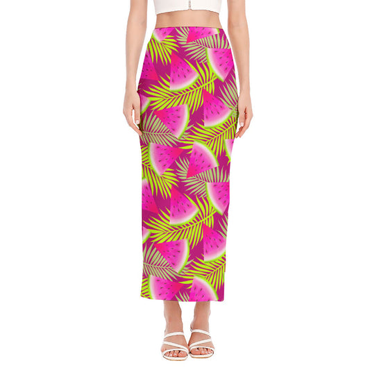 Purple Tropical Watermelon Pattern Print Side Slit Maxi Skirt