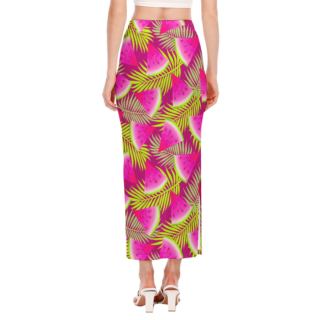 Purple Tropical Watermelon Pattern Print Side Slit Maxi Skirt