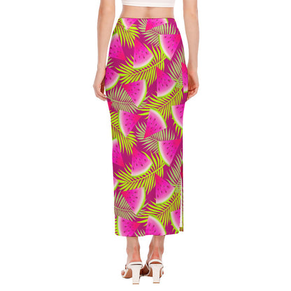 Purple Tropical Watermelon Pattern Print Side Slit Maxi Skirt