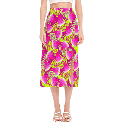Purple Tropical Watermelon Pattern Print Side Slit Midi Skirt