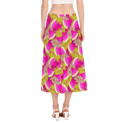 Purple Tropical Watermelon Pattern Print Side Slit Midi Skirt