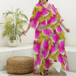 Purple Tropical Watermelon Pattern Print Silk V-Neck Kaftan Dress
