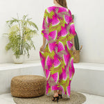 Purple Tropical Watermelon Pattern Print Silk V-Neck Kaftan Dress