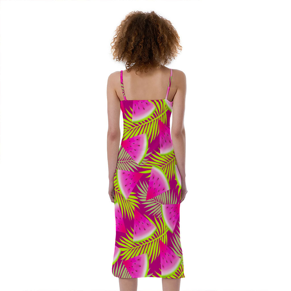 Purple Tropical Watermelon Pattern Print Slim Fit Midi Cami Dress