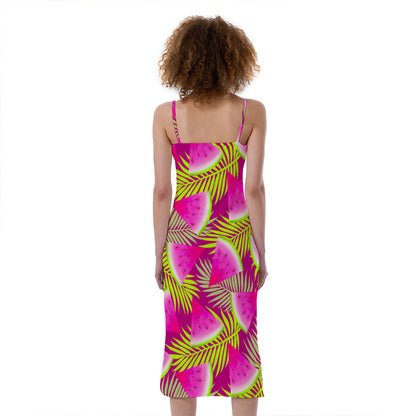 Purple Tropical Watermelon Pattern Print Slim Fit Midi Cami Dress