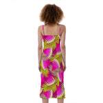 Purple Tropical Watermelon Pattern Print Slim Fit Midi Cami Dress