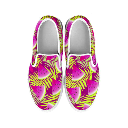 Purple Tropical Watermelon Pattern Print White Slip On Sneakers