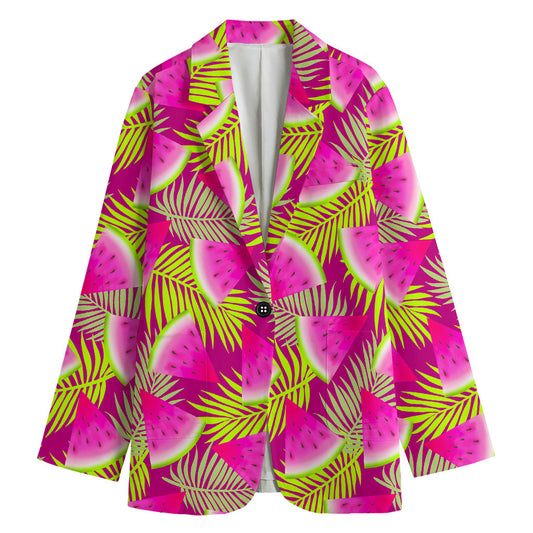 Purple Tropical Watermelon Pattern Print Women's Cotton Blazer