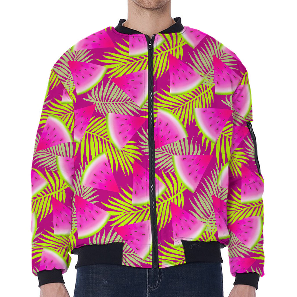 Purple Tropical Watermelon Pattern Print Zip Sleeve Bomber Jacket