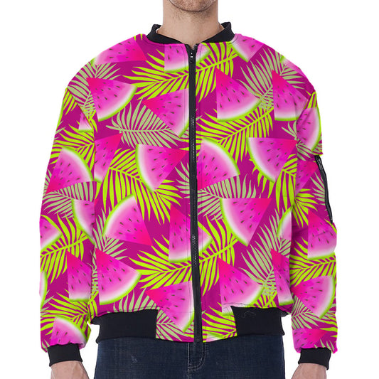Purple Tropical Watermelon Pattern Print Zip Sleeve Bomber Jacket