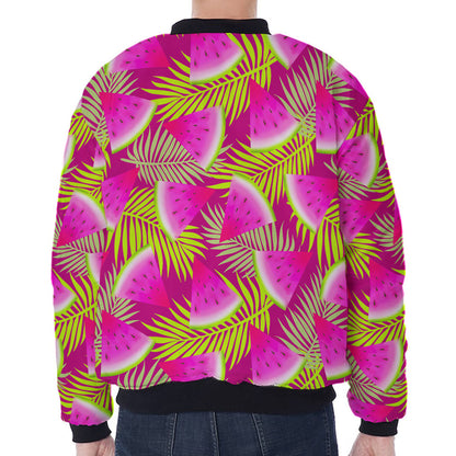 Purple Tropical Watermelon Pattern Print Zip Sleeve Bomber Jacket