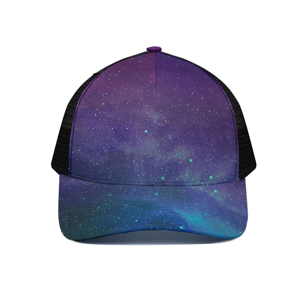 Purple Turquoise Galaxy Space Print Black Mesh Trucker Cap