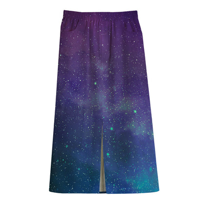 Purple Turquoise Galaxy Space Print Cotton Front Slit Maxi Skirt