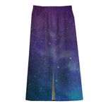 Purple Turquoise Galaxy Space Print Cotton Front Slit Maxi Skirt