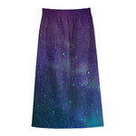 Purple Turquoise Galaxy Space Print Cotton Front Slit Maxi Skirt