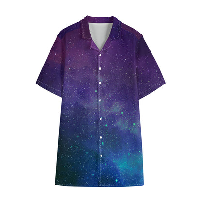 Purple Turquoise Galaxy Space Print Cotton Hawaiian Shirt