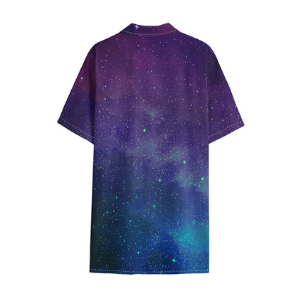 Purple Turquoise Galaxy Space Print Cotton Hawaiian Shirt