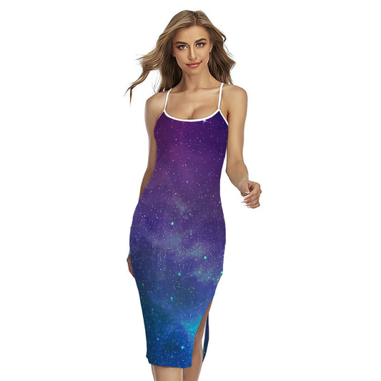 Purple Turquoise Galaxy Space Print Cross Back Cami Dress