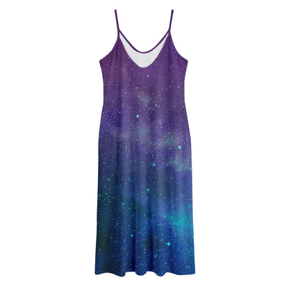 Purple Turquoise Galaxy Space Print Jersey Midi Cami Dress