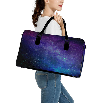 Purple Turquoise Galaxy Space Print Leather Duffle Bag