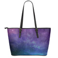Purple Turquoise Galaxy Space Print Leather Tote Bag With Zipper