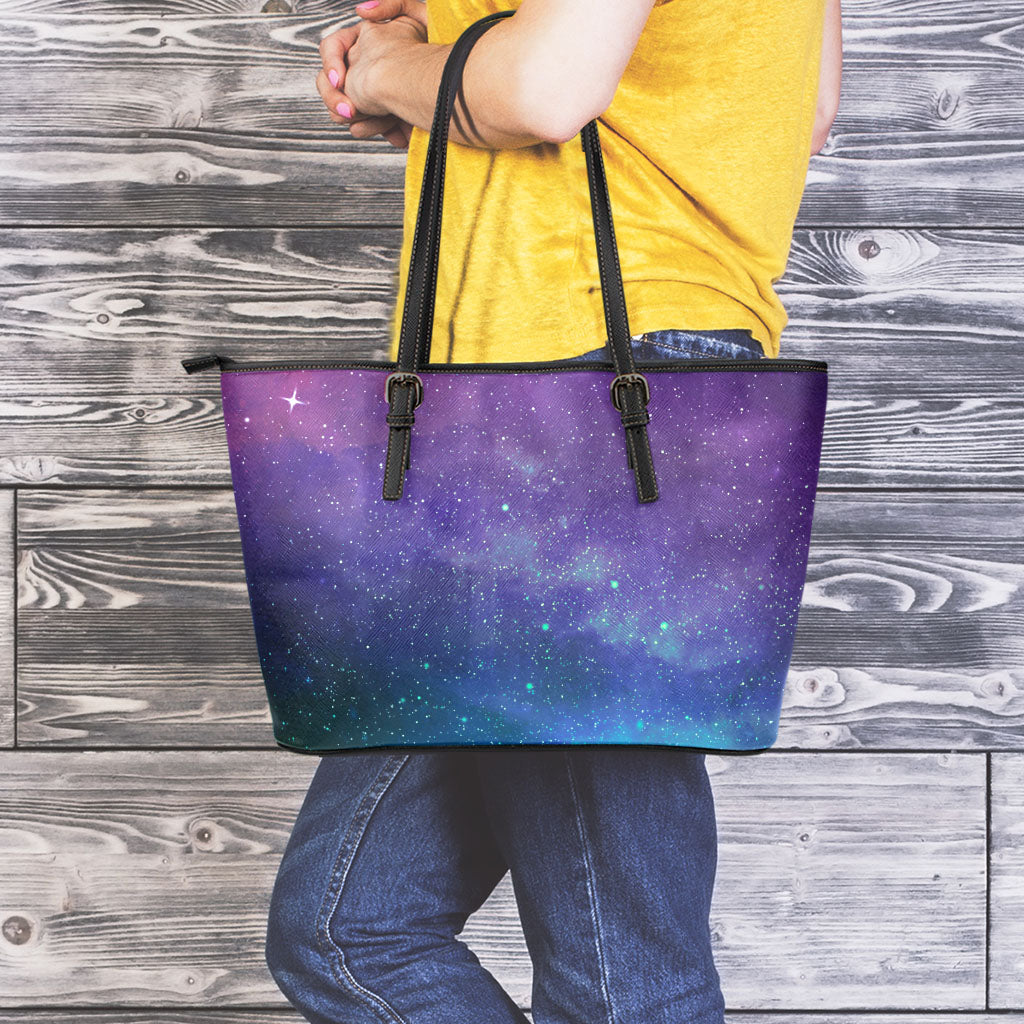 Purple Turquoise Galaxy Space Print Leather Tote Bag